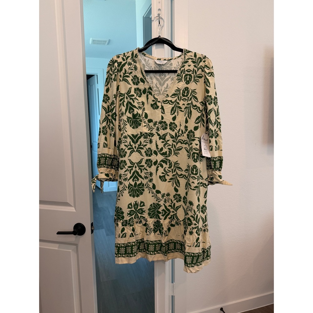 Time and Tru Womens A-Line Border Mini Dress Green Floral Damask Pockets L 12-14